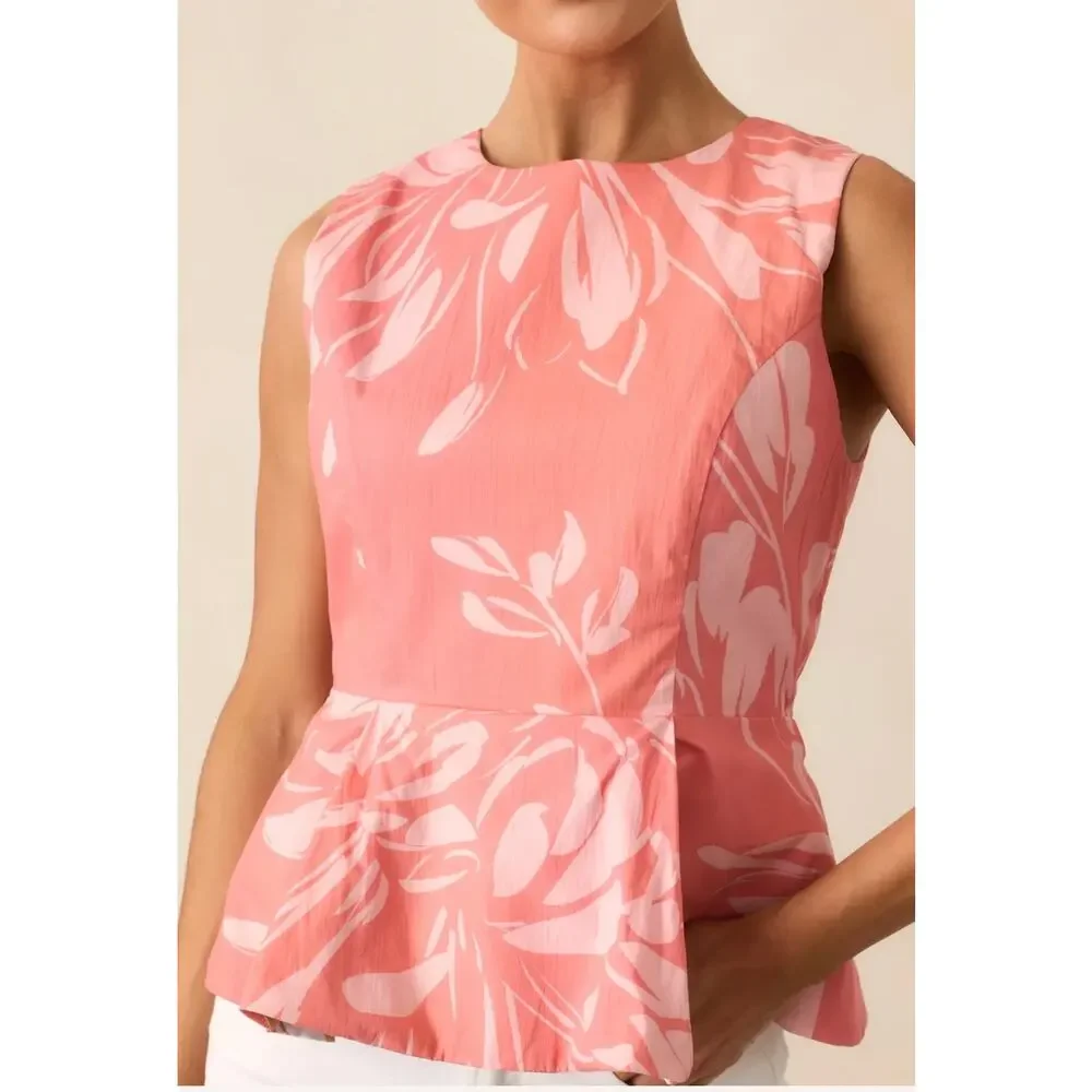 PROSPERINA SABINE ROSE PINK FLORAL PRINT COTTON REVERSIBLE PEPLUM TOP - Picture 3 of 8